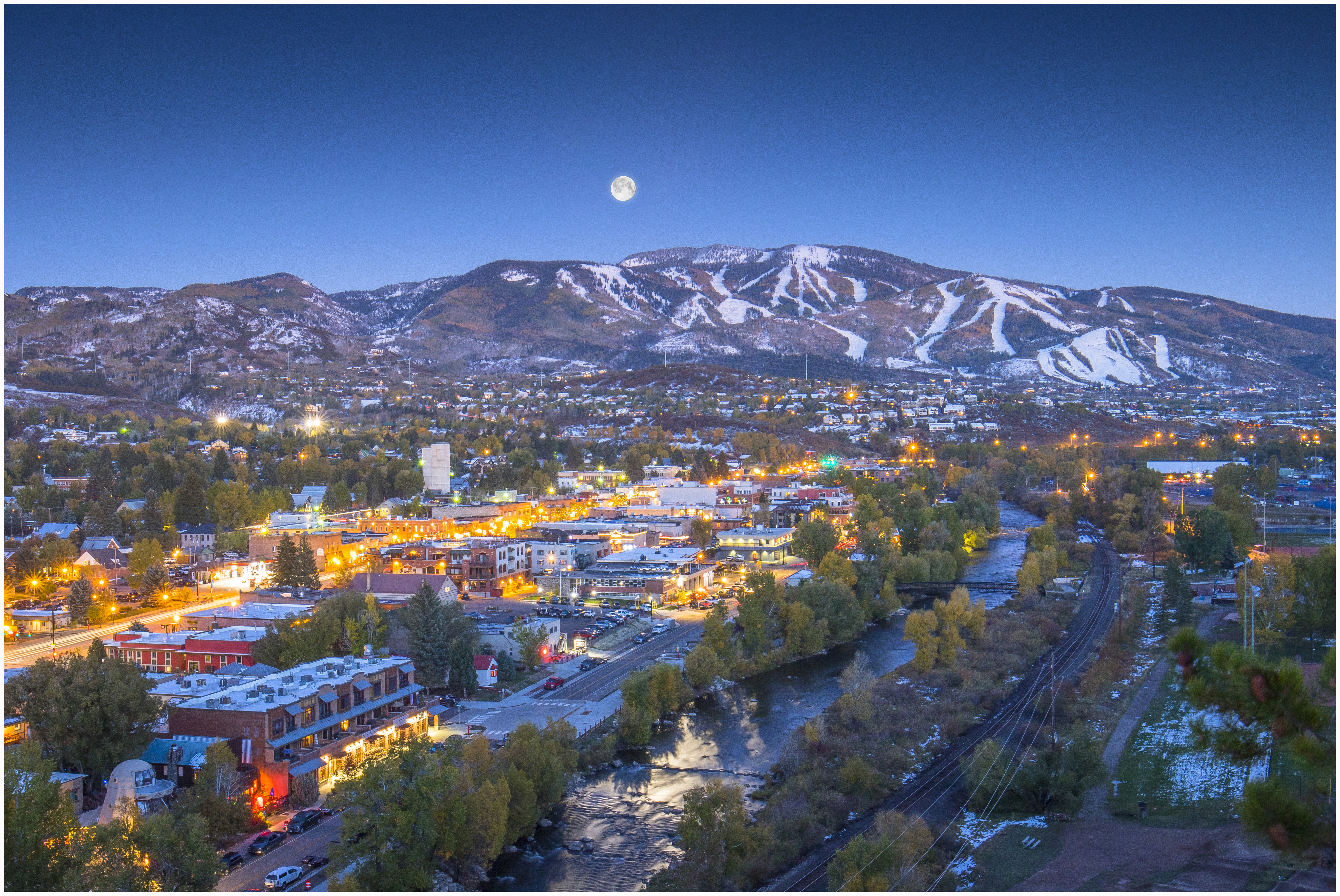 The City of Steamboat Springs, with the Yampa River and Core Trail visible. Photo by Noah Wetzel.