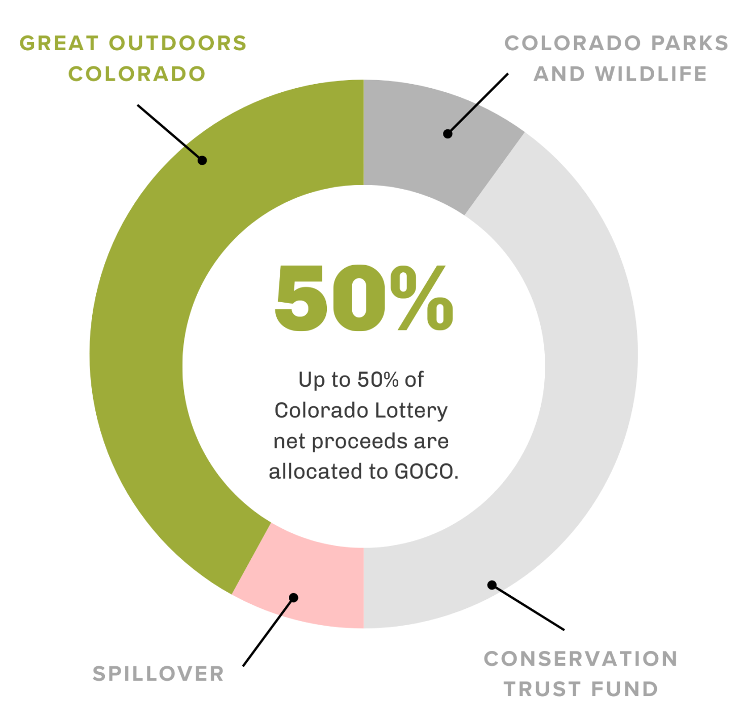 Pie chart showing the percentage proceed distribution to each organization.