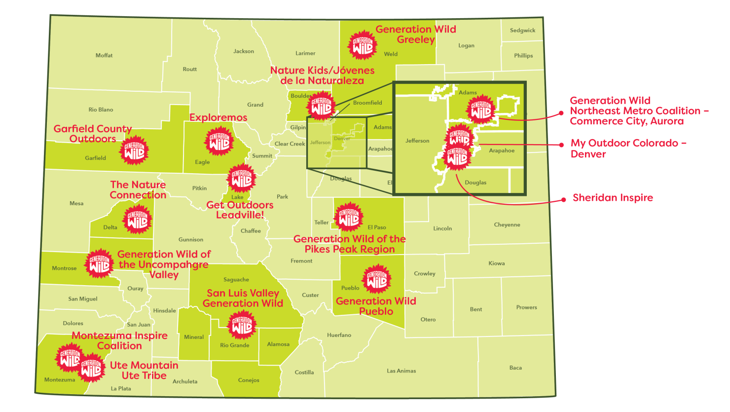 Map of Colorado with locations of the 15 Generation Wild communities.