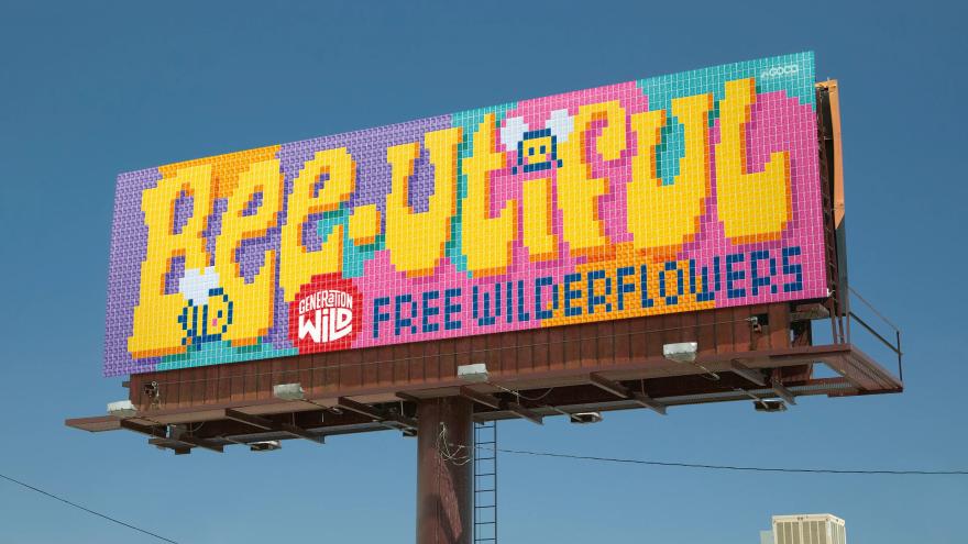 Colorful billboard design that reads: Bee-utiful, free wilderflowers. 