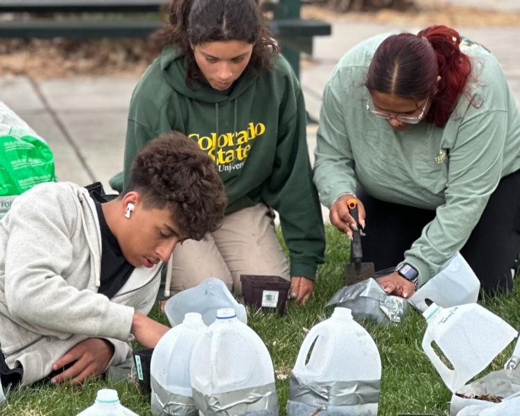 Green Team members Taysen, Bella, and Mia transplanting seedlings from milk jugs into planters to help them grow.